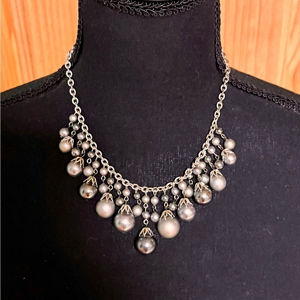 Vintage Lia Sophia Silver Pearl Beaded Cluster Bib Necklace Statement Choker
